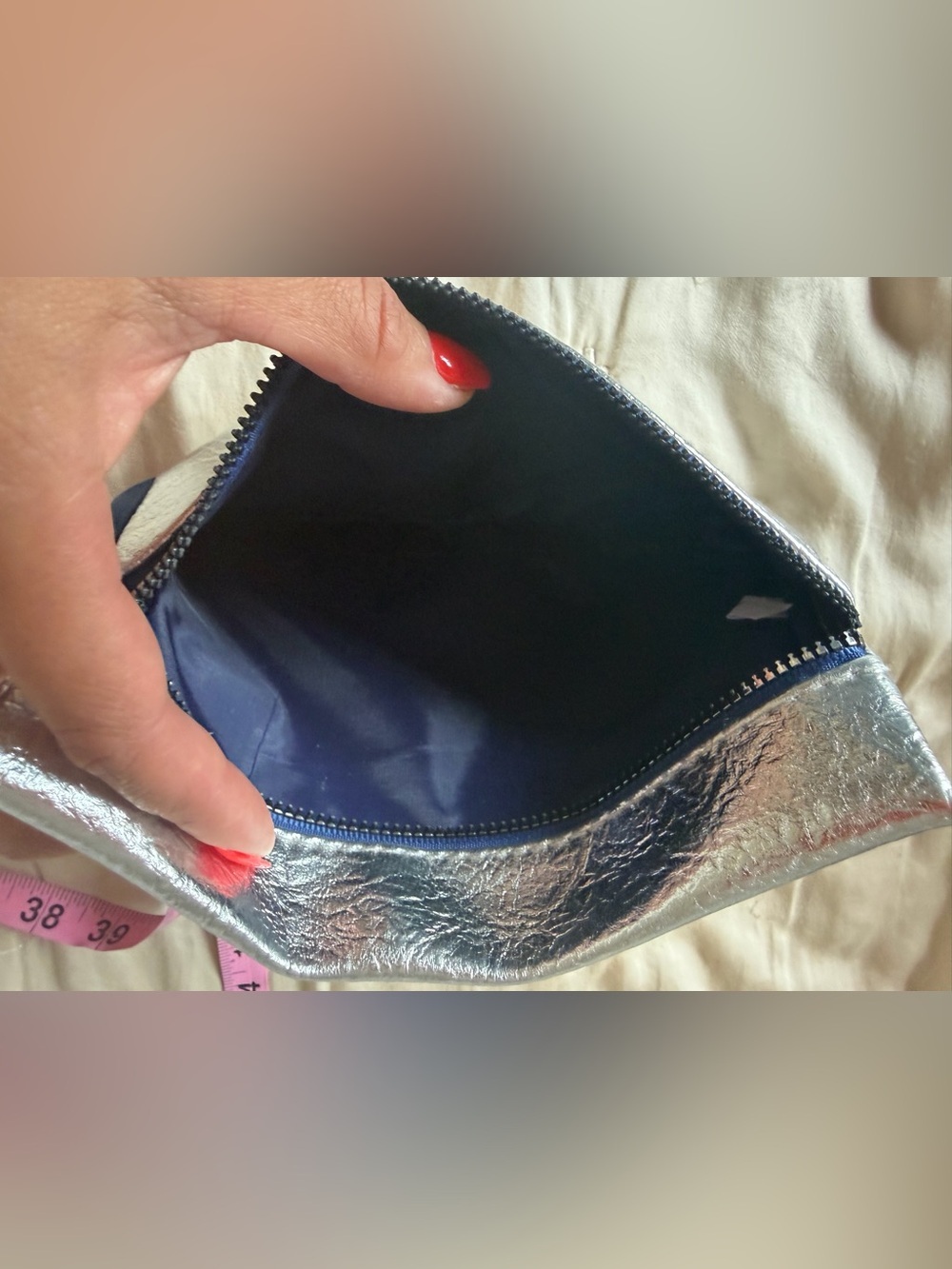 ipsy Metallic Silver Toiletry Pouch with Navy Zipper Pull - Picture 4 of 5